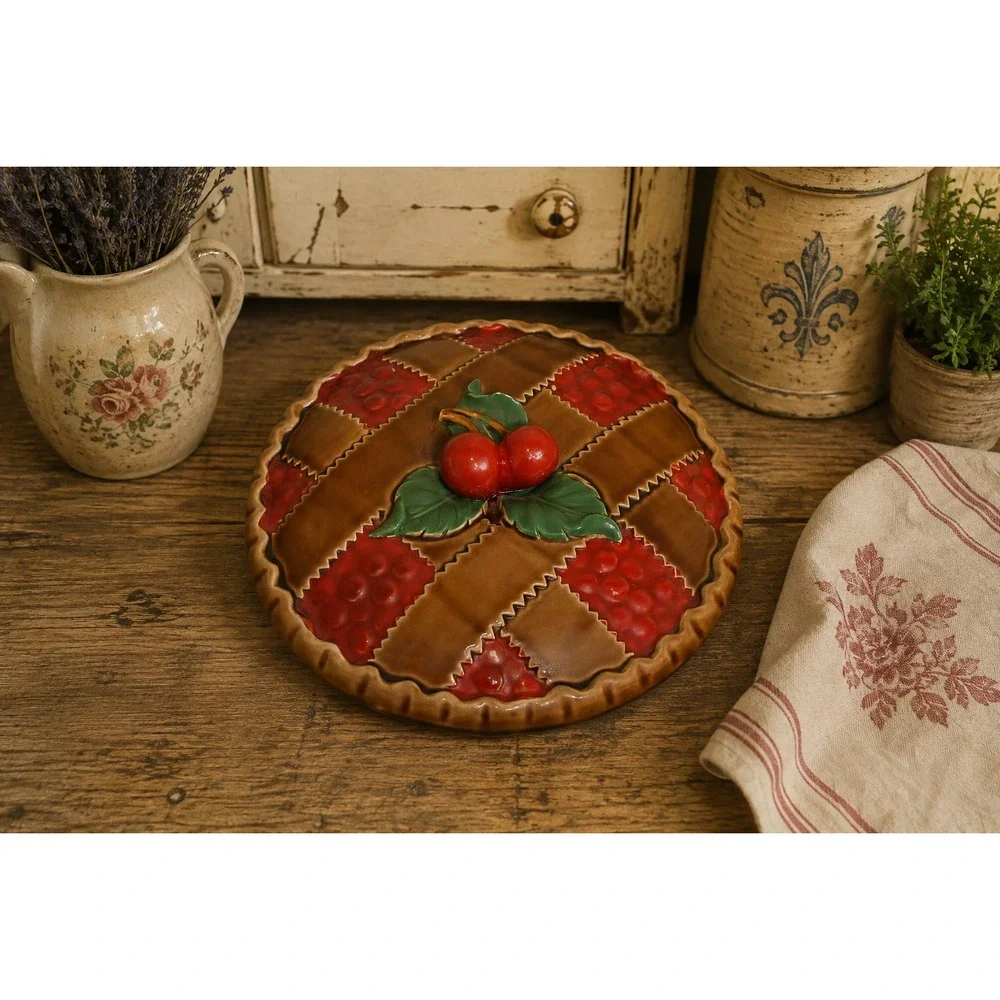 VTG 1950's Trompe L'oeil Cherry Pie Keeper Plate Decorative Cover, Japan